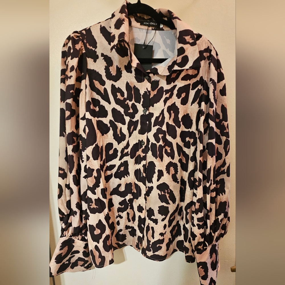 Animal Print Button-Front Blouse - Pink/Black